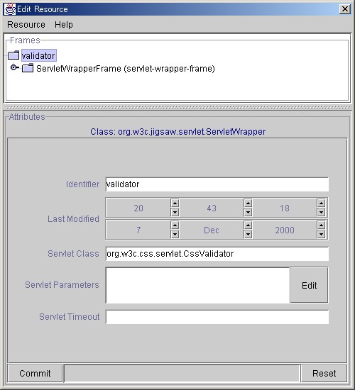 Servlet Wrapper Frameの登録の画面